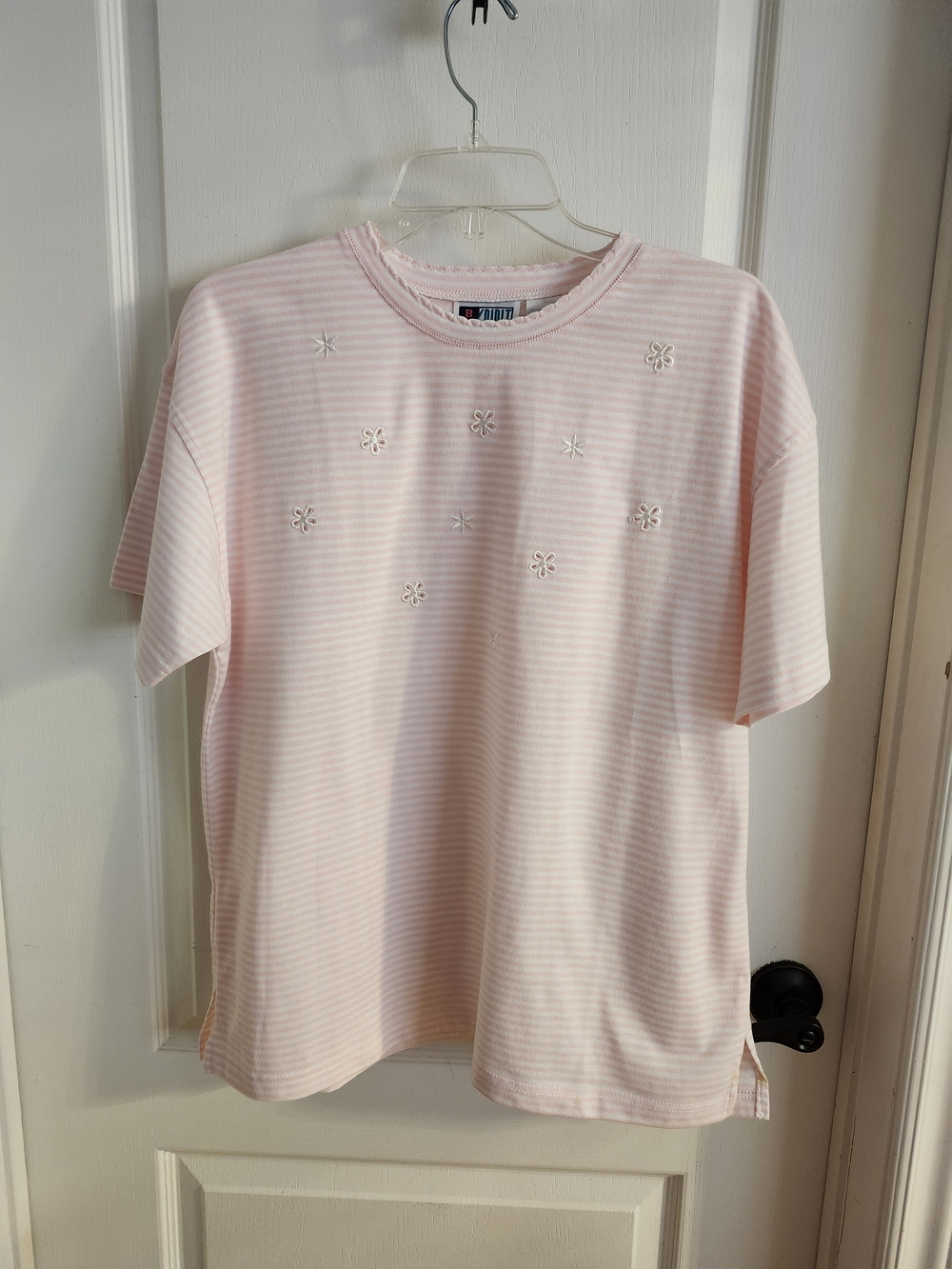 New Spirit Light Pink Striped Embroidered Short Sleeve Tee